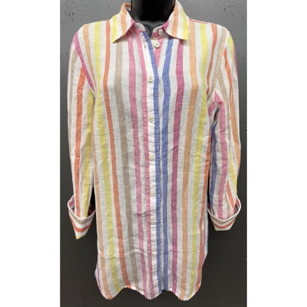 Talbots Linen Tunic Top S Multicolor Pastel Stripe Preppy Coastal Beach Rainbow
